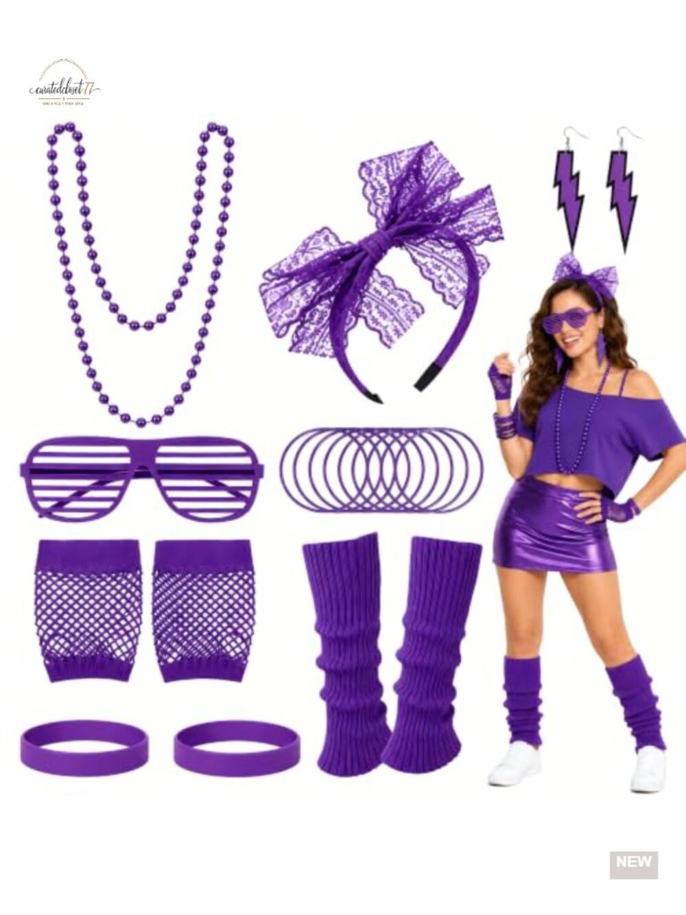 80s Costume Accessory Set Beaded Necklace Bracelets Retro Glasses Headband